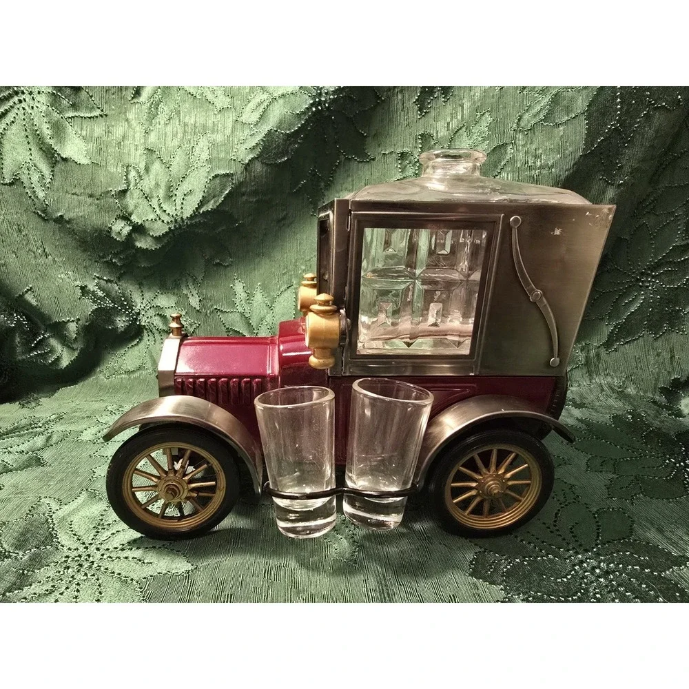 Vintage Ford Model T 1918 Liquor Decanter Music Box Shot Glasses Japan Works